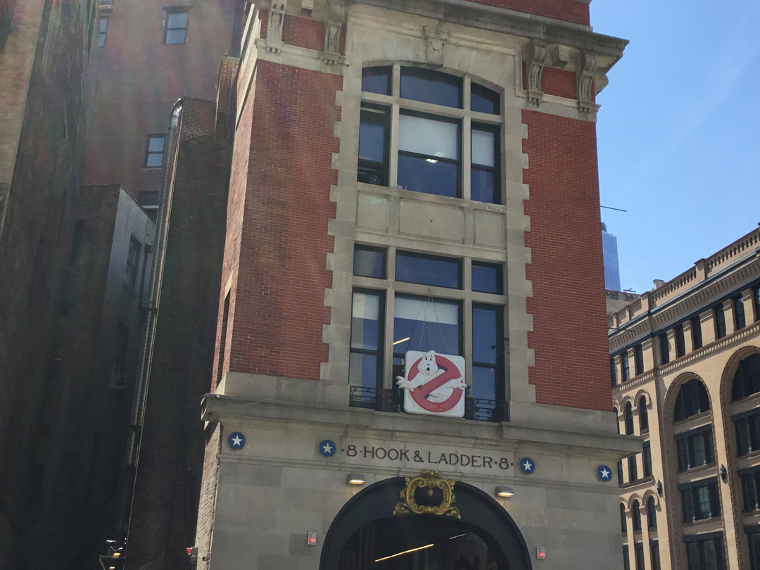 Hook and Ladder 8 firehouse in Tribeca, the Ghostbusters headquarters, with the Ghostbusters logo on the facade