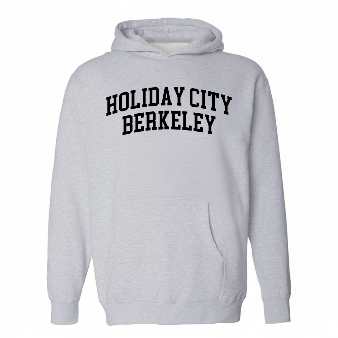 Heather-gray hoodie with the Holiday City-Berkeley arched varsity lettering design on the chest.
