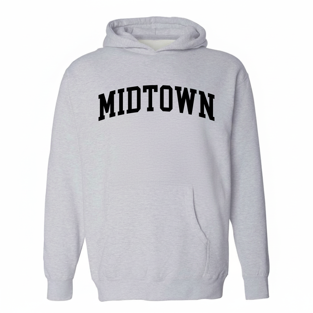 Heather-gray hoodie with the Midtown varsity arched lettering design on the chest.