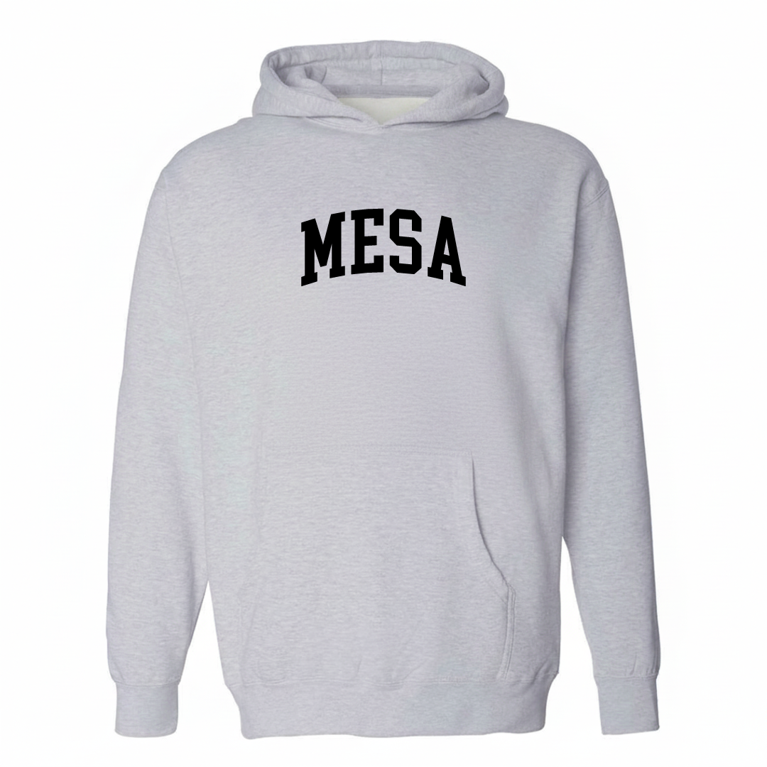 Heather-gray hoodie with the Mesa arched varsity lettering design on the chest.