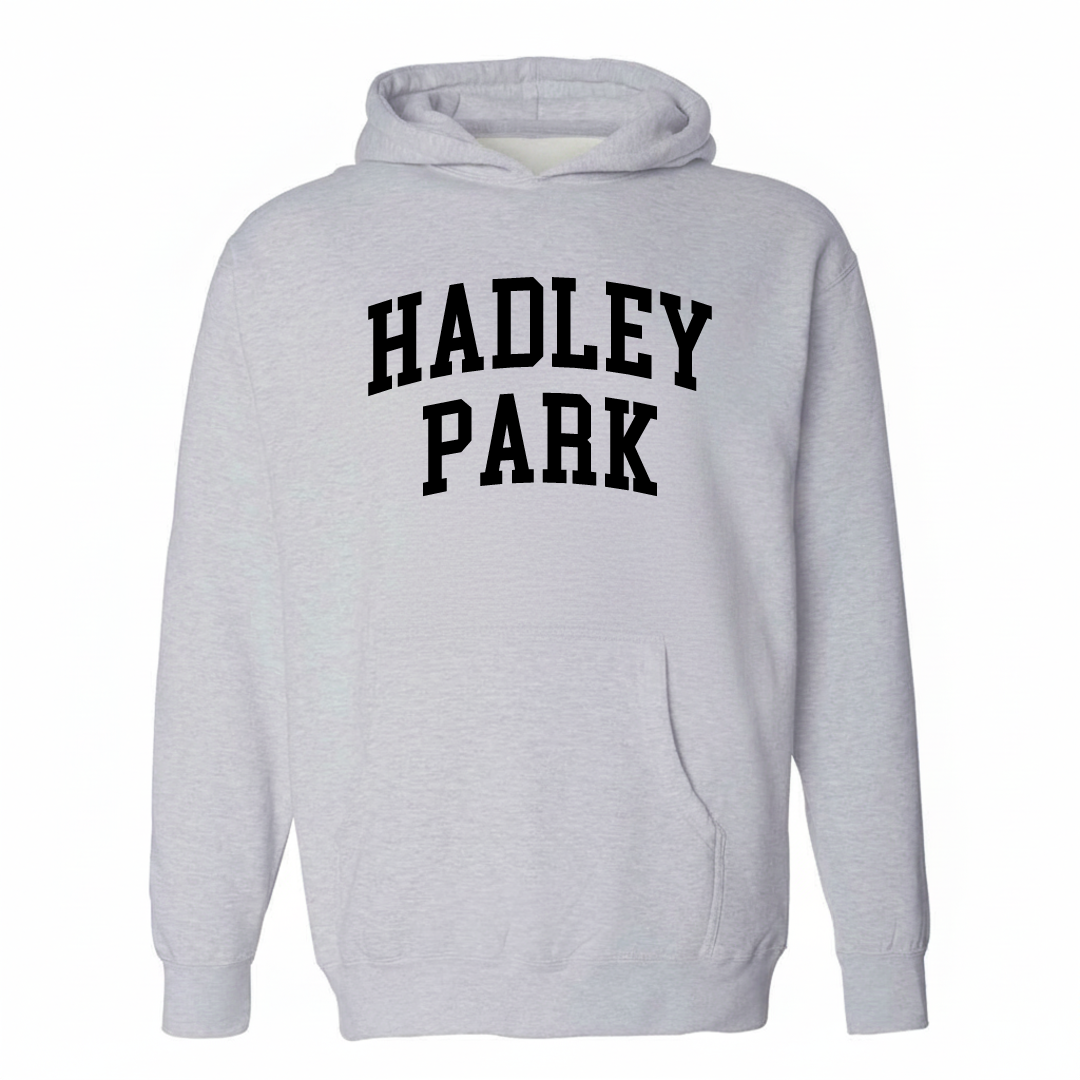 Heather-gray hoodie with the Hadley Park varsity arched lettering design on the chest.