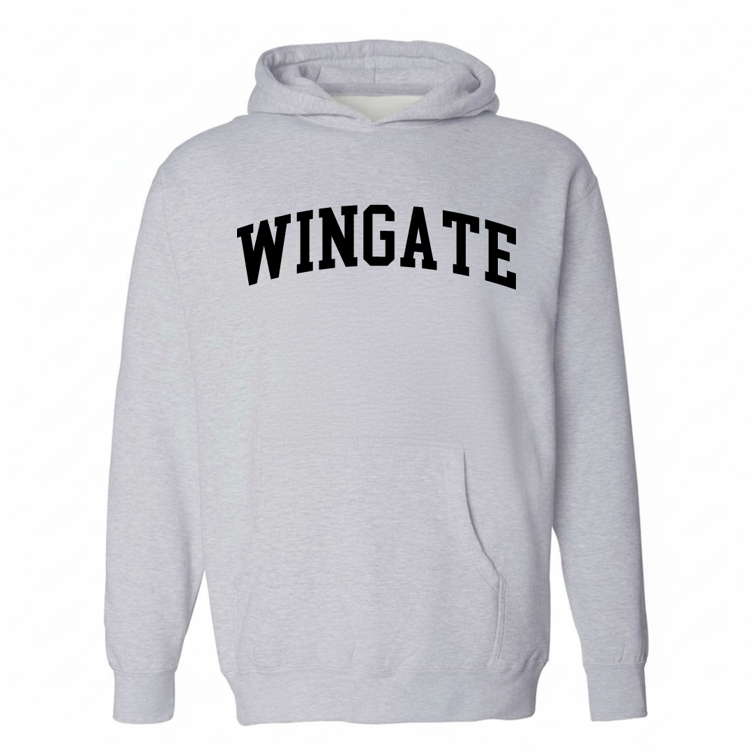 Heather-gray hoodie with the Wingate arched lettering collegiate design on the chest.