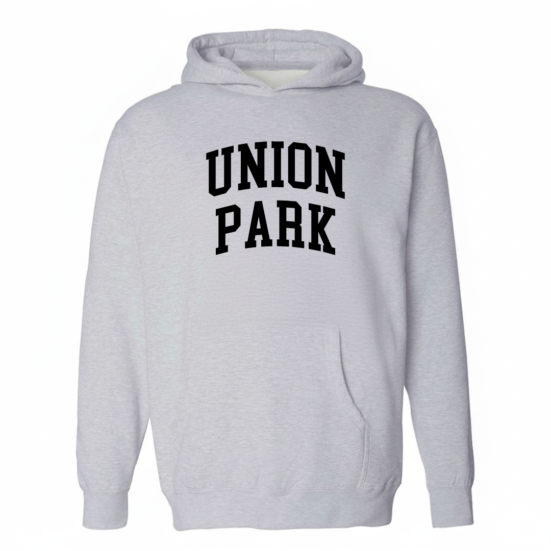 Heather-gray hoodie with the Union Park varsity arched lettering design on the chest.