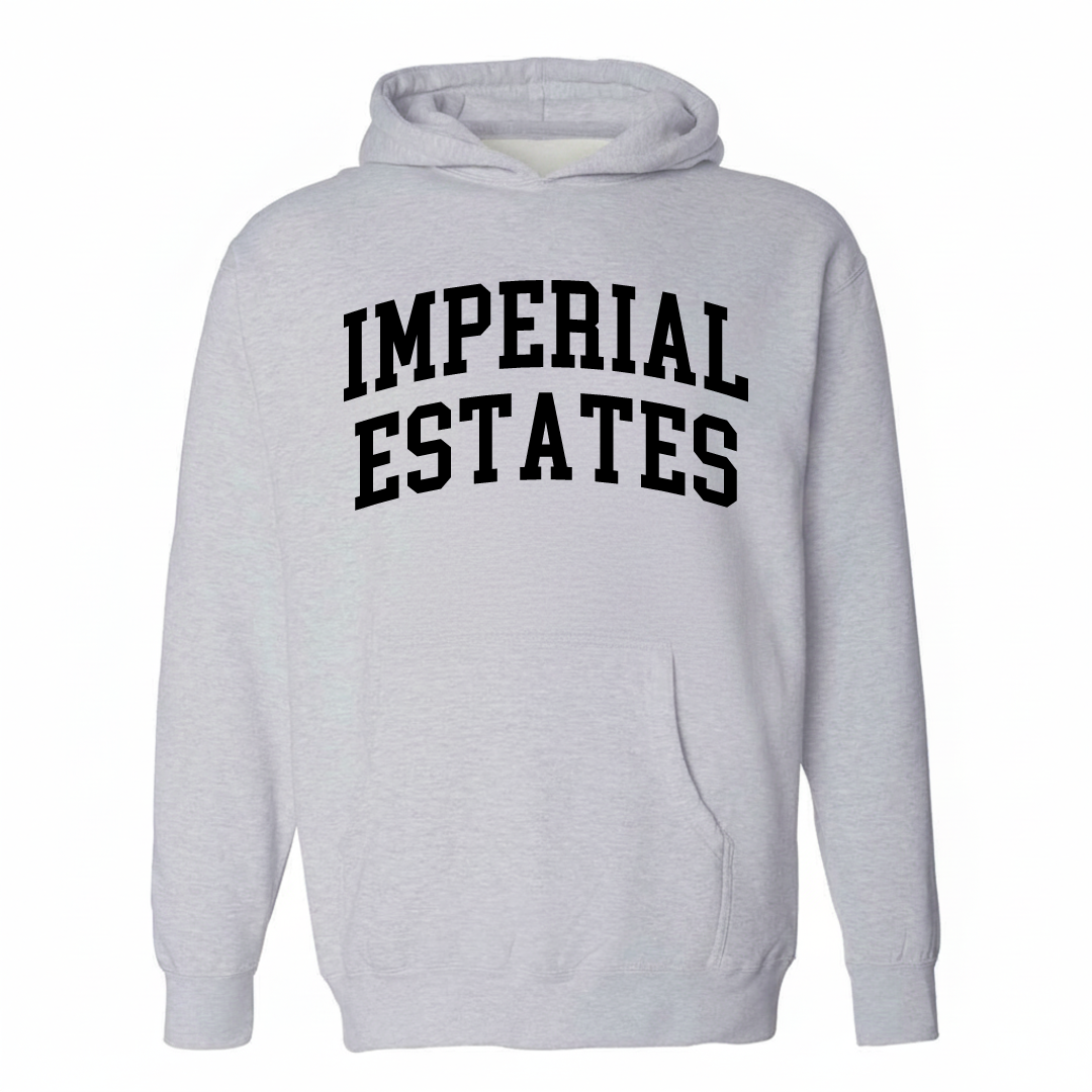 Heather-gray hoodie with the Imperial Estates varsity arched lettering design on the chest.