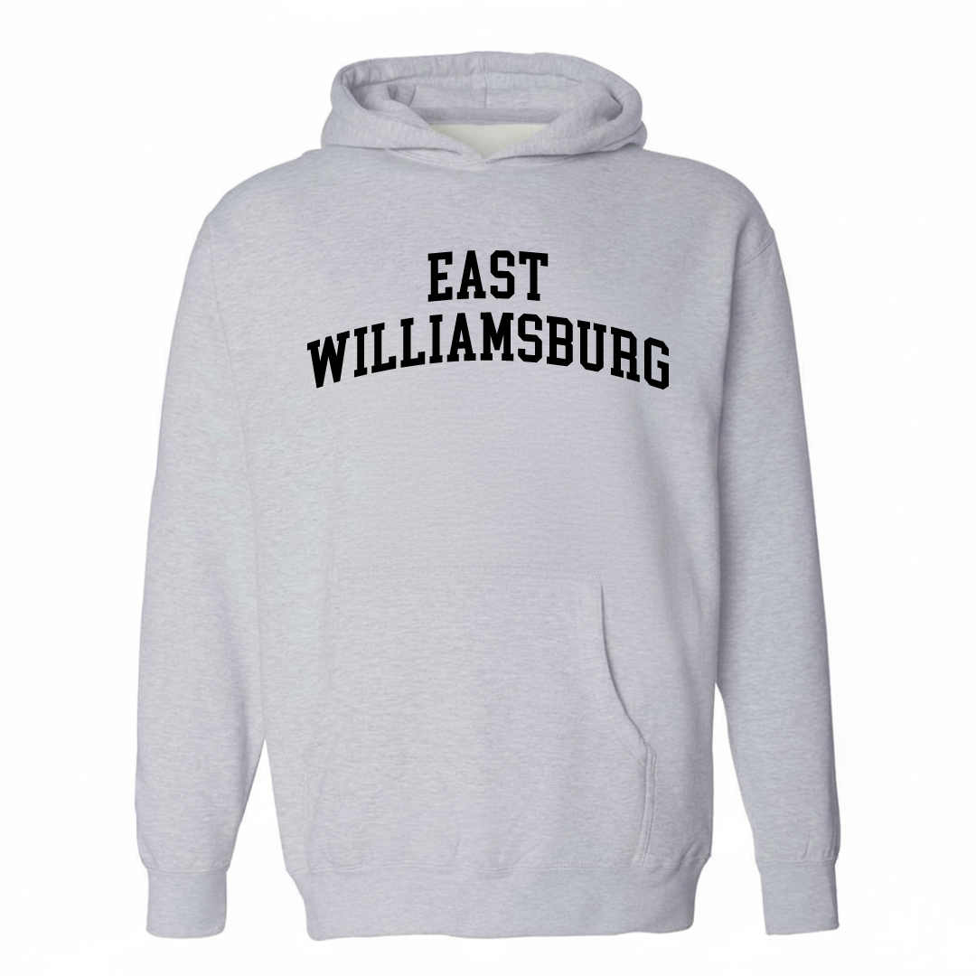 Heather-gray hoodie with the East Williamsburg arched lettering design on the chest.