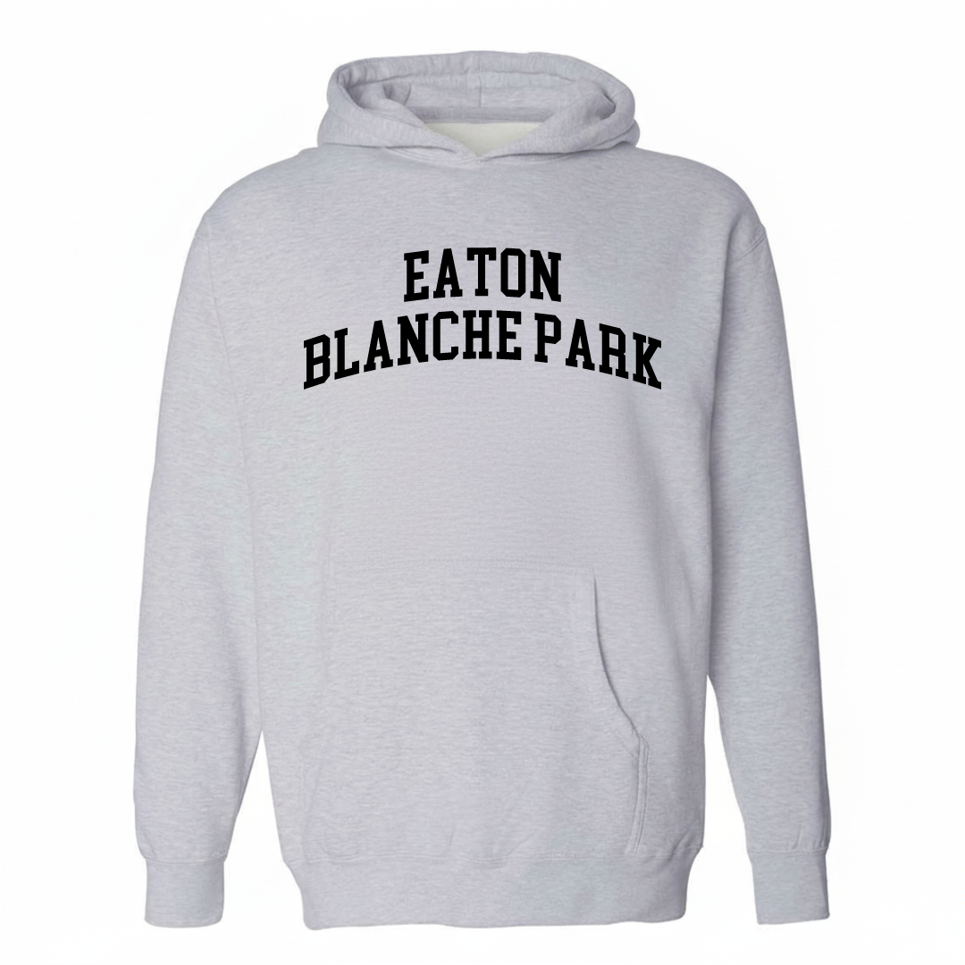 Heather-gray hoodie with the Eaton Blanche Park varsity arched lettering design on the chest.