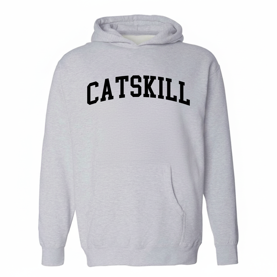 Heather-gray hoodie with the Catskill varsity arched lettering design on the chest.