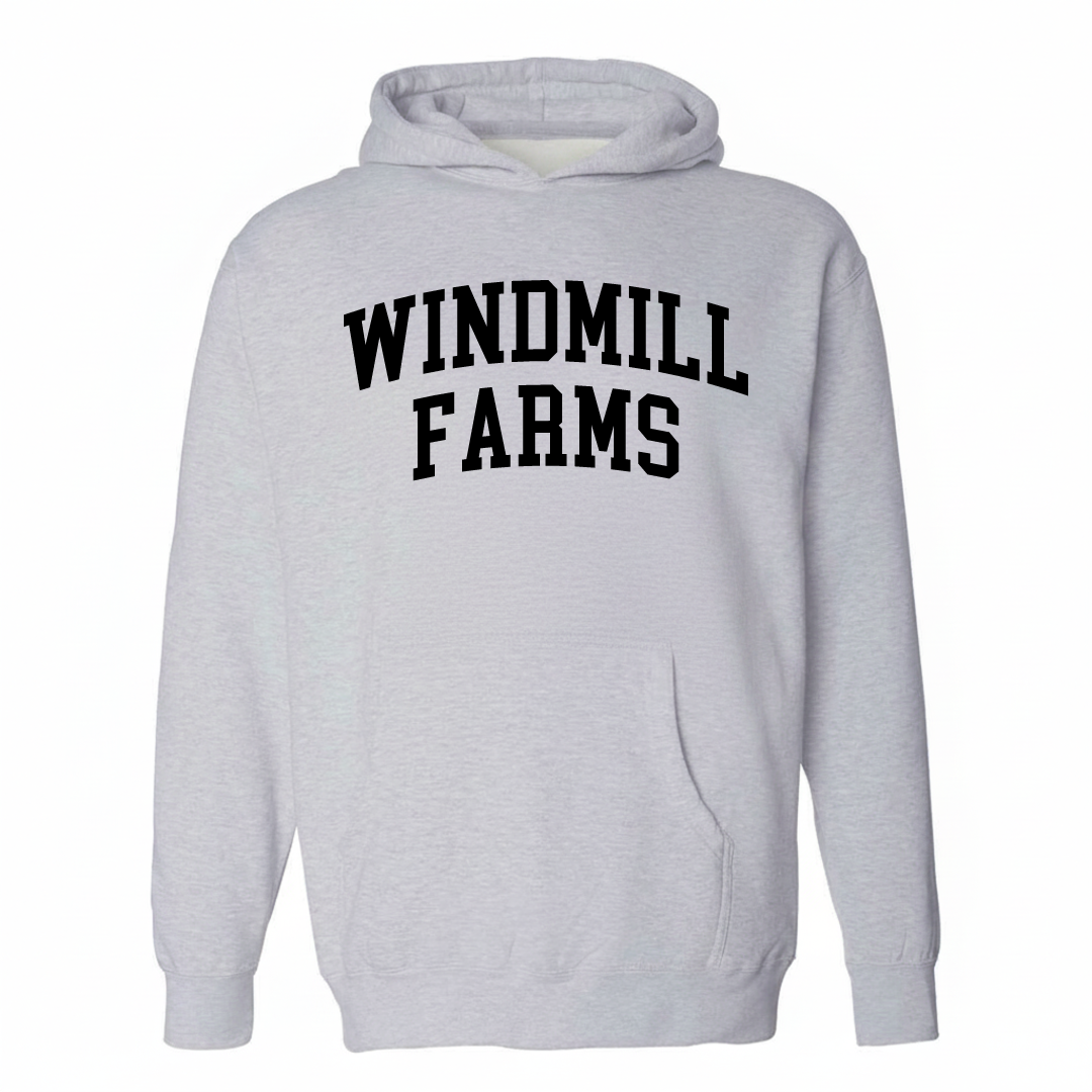 Heather-gray hoodie with the Windmill Farms varsity arched lettering design on the chest.