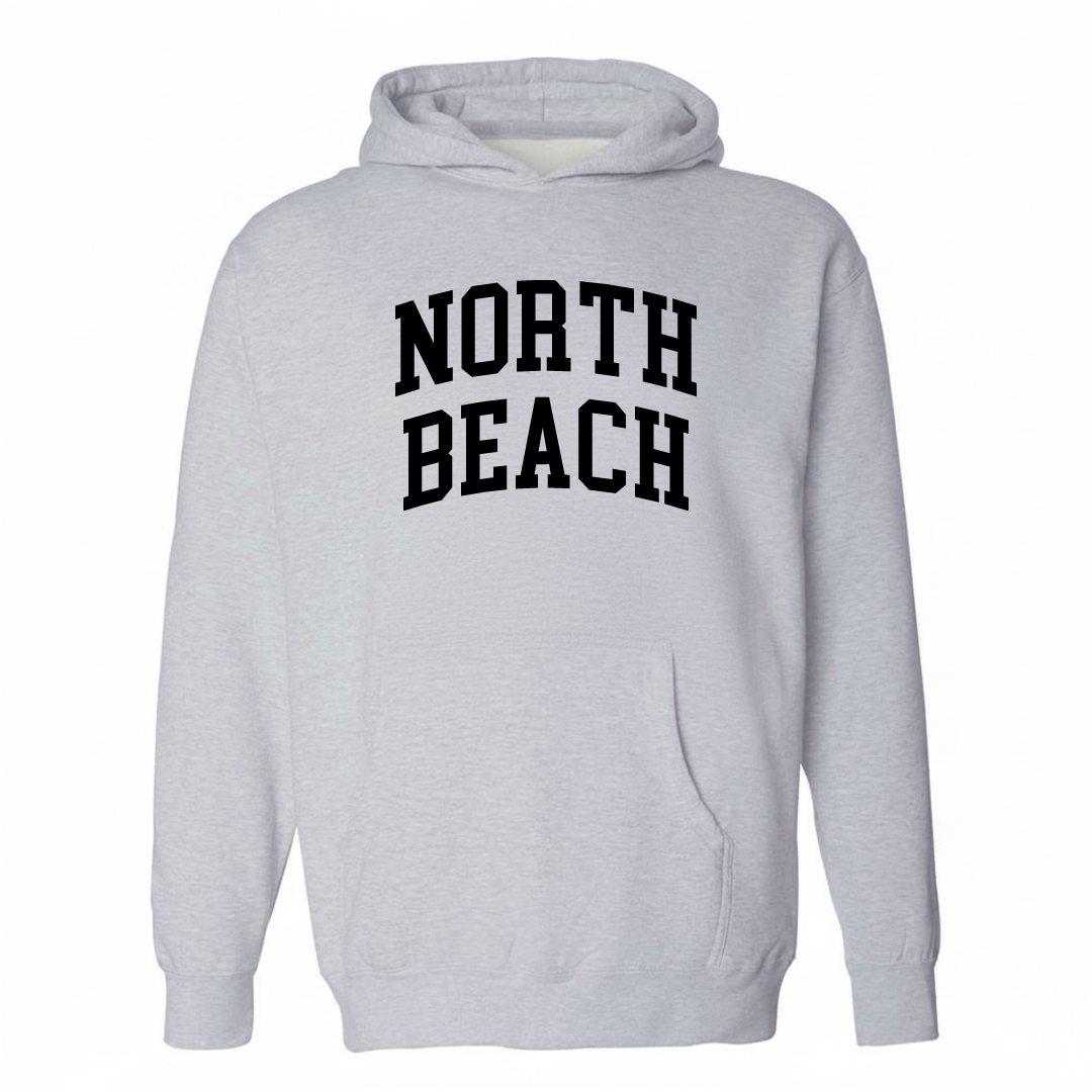 Heather-gray hoodie with the North Beach arched varsity lettering design on the chest.