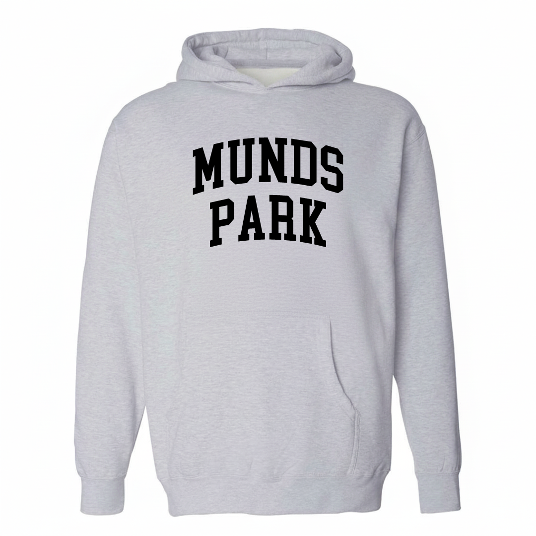 Heather-gray hoodie with the Munds Park arched varsity lettering design on the chest.