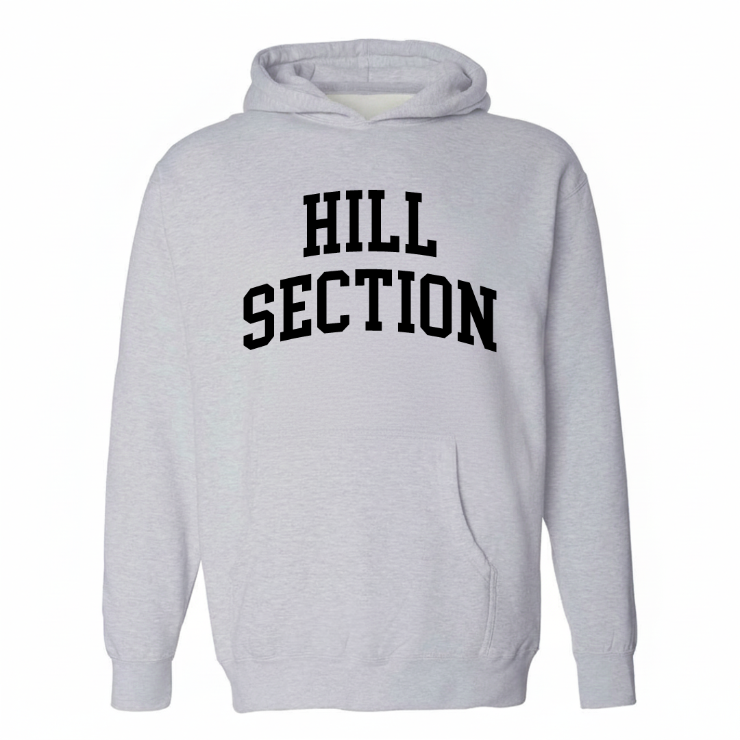 Heather-gray hoodie with the Hill Section Scranton arched varsity lettering design on the chest.