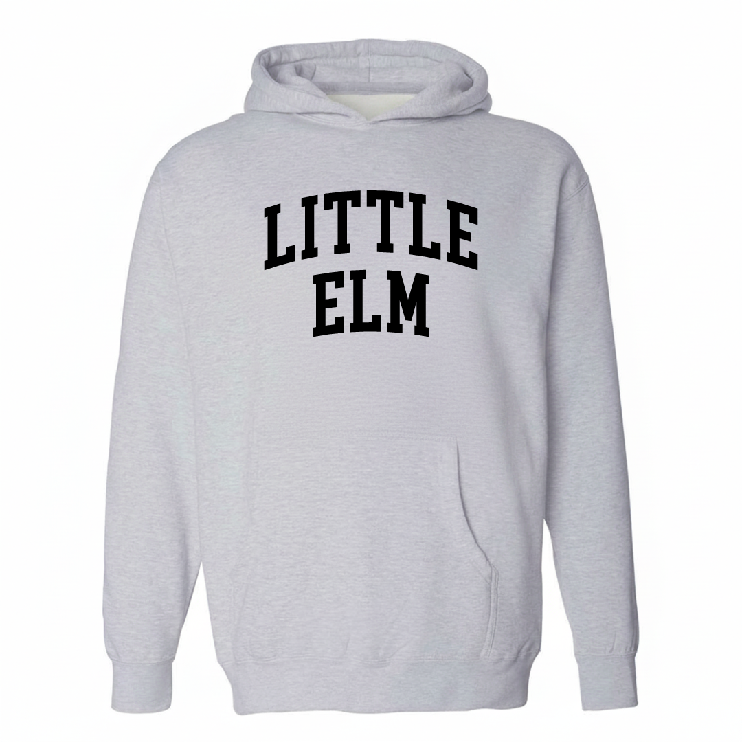 Heather-gray hoodie with the Little Elm arched lettering varsity-collegiate design on the chest.