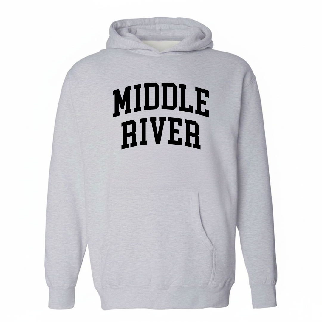 Heather-gray hoodie with the Middle River arched varsity lettering design on the chest.