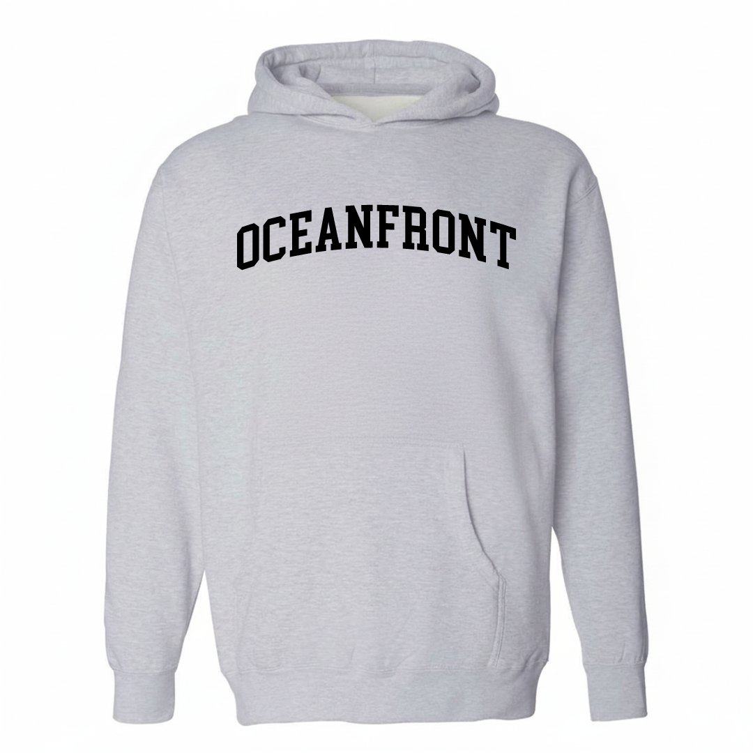 Heather-gray hoodie with the Oceanfront Miami Beach varsity arched lettering design on the chest.