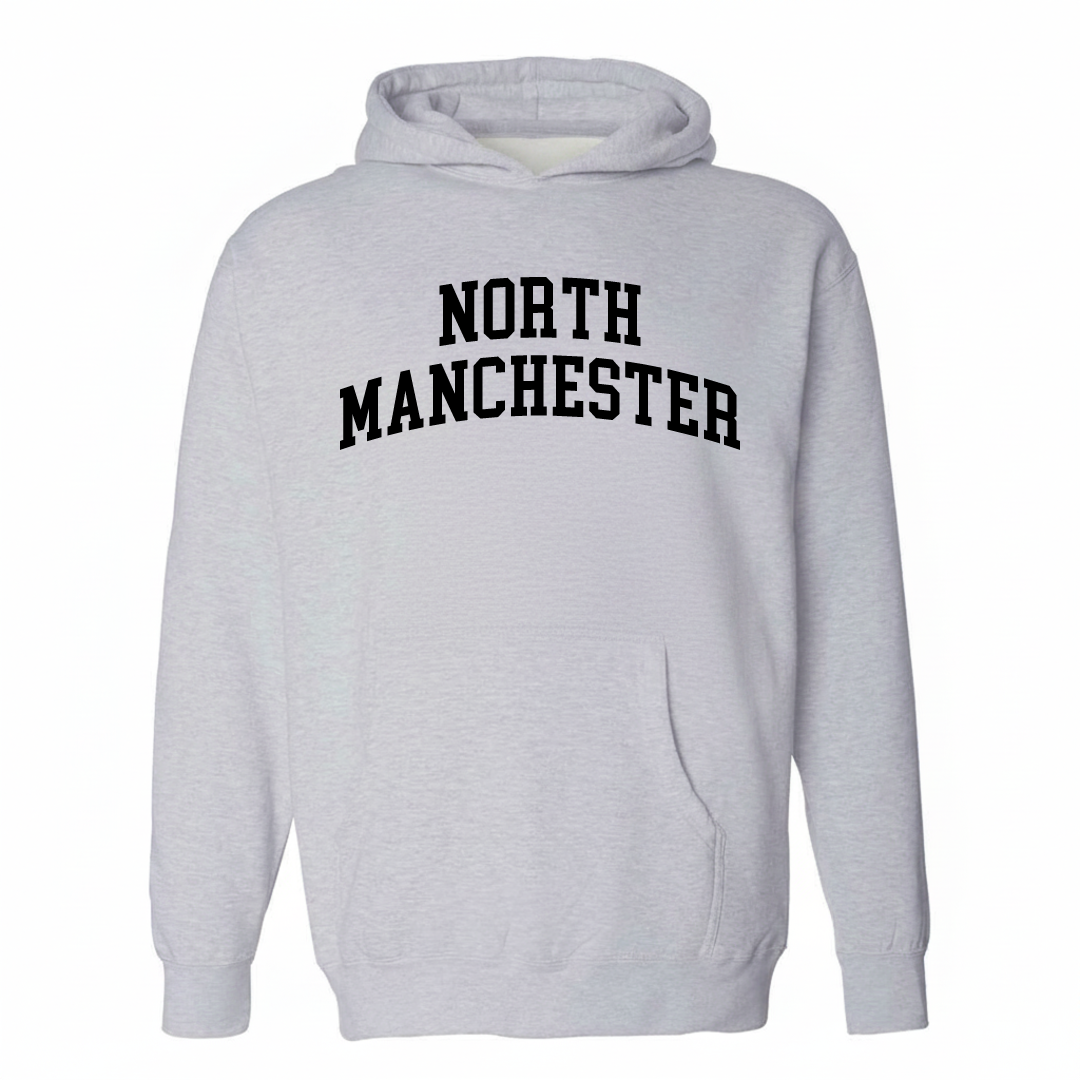 Heather-gray hoodie with the North Manchester arched collegiate lettering design on the chest.