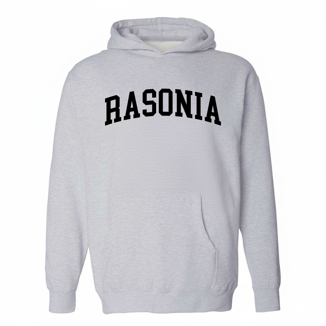 Heather-gray hoodie with the Rasonia arched lettering varsity-collegiate design on the chest.