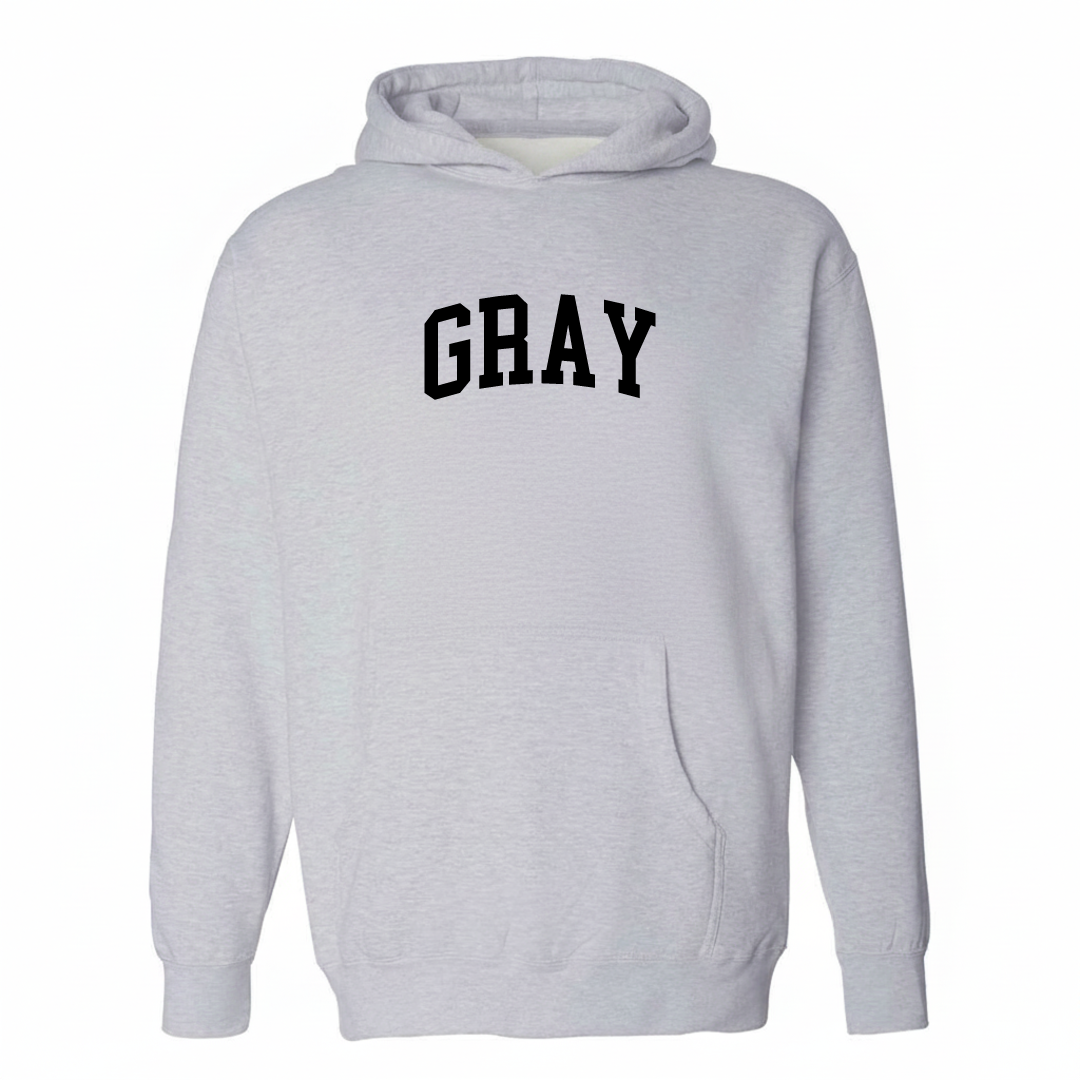 Heather-gray hoodie with the Gray Tennessee varsity arched lettering design on the chest.