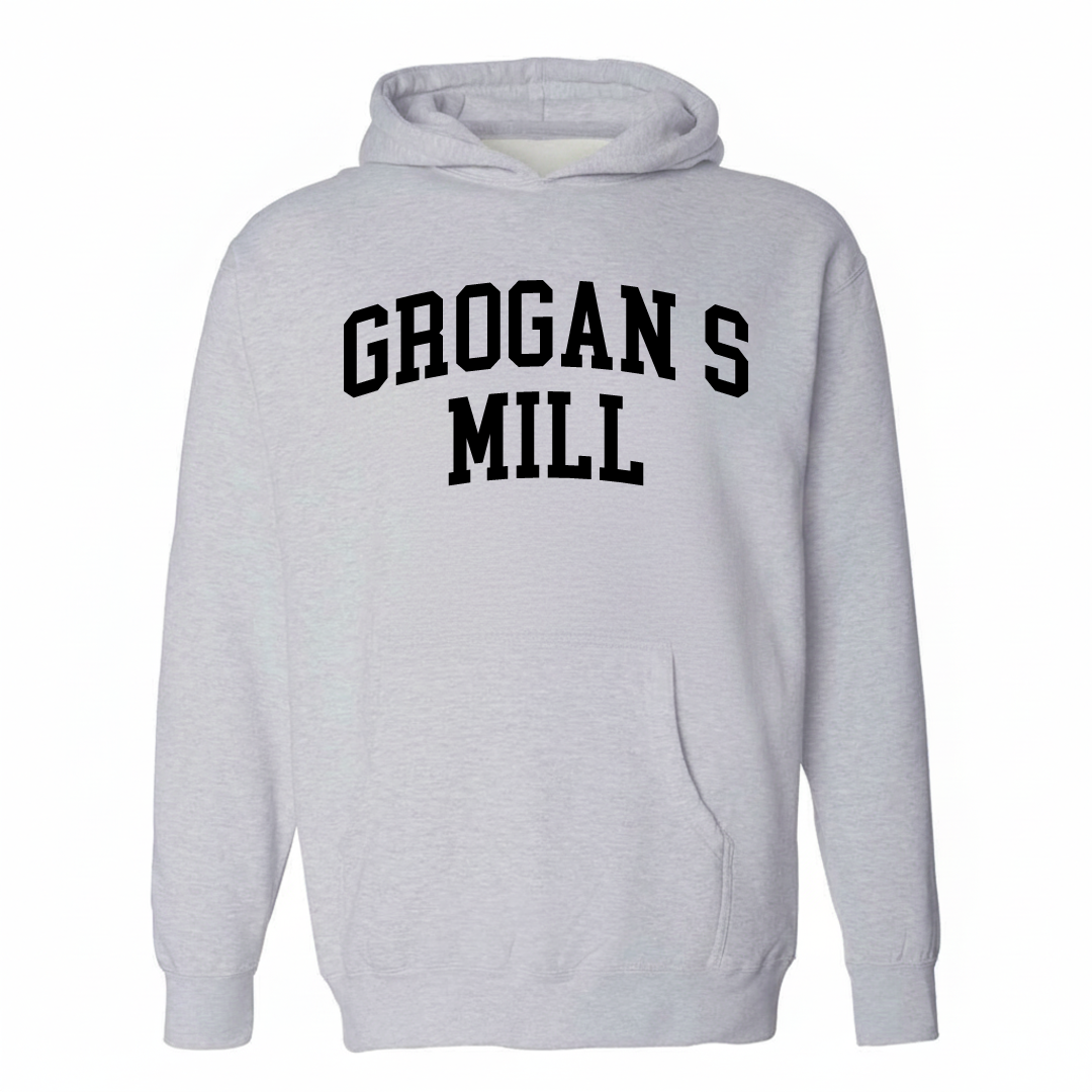 Heather-gray hoodie with the Grogan's Mill varsity arched lettering design on the chest.