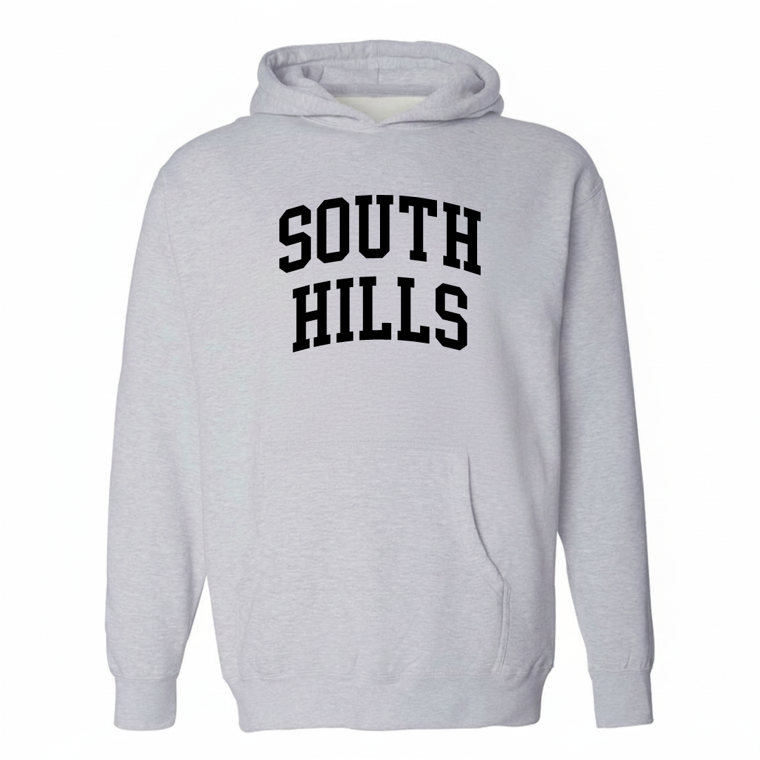 Heather-gray hoodie with the South Hills varsity arched lettering design on the chest.