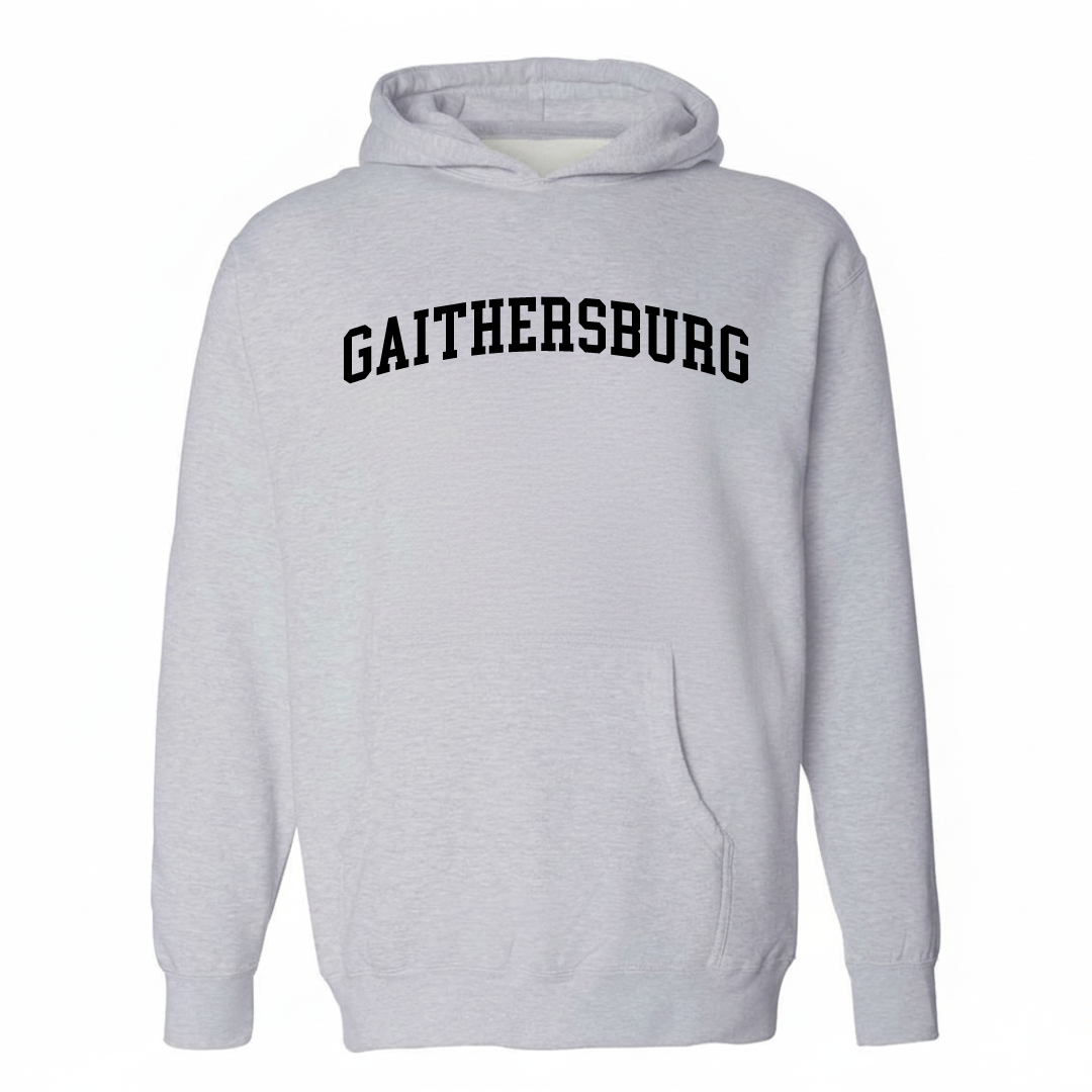 Heather-gray hoodie with the Gaithersburg varsity arched lettering design on the chest.
