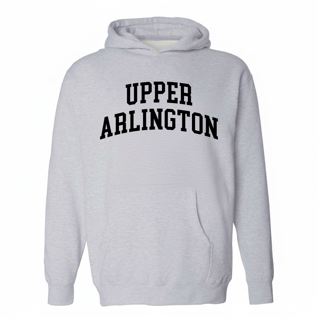 Heather-gray hoodie with the Upper Arlington arched lettering design on the chest.