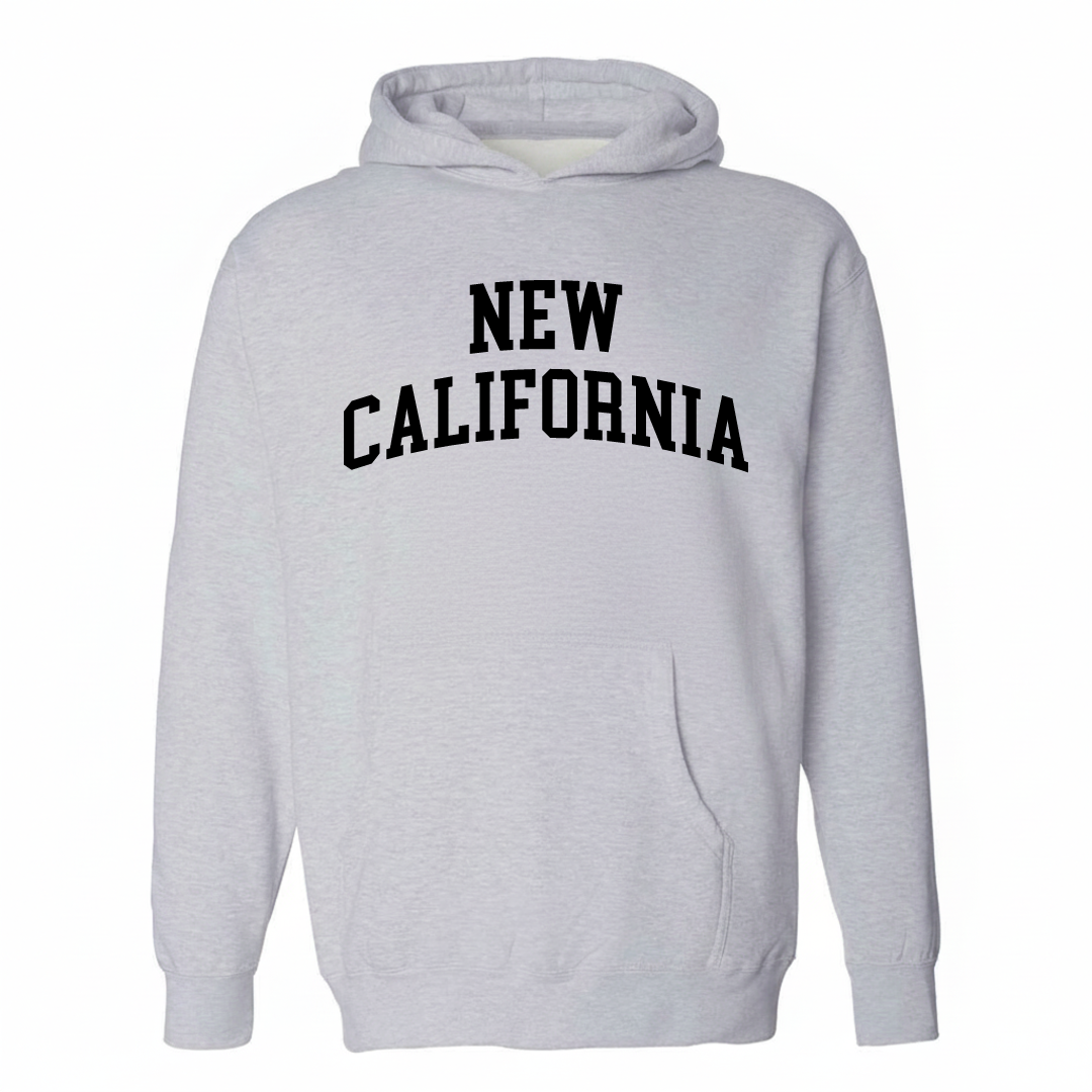 Heather-gray hoodie with the New California varsity arched lettering design on the chest.