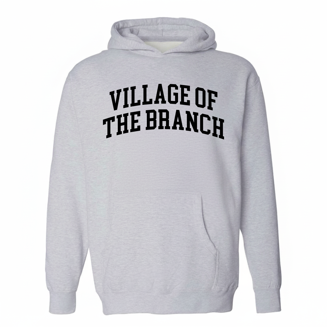 Heather-gray hoodie with the Village of the Branch varsity arched lettering design on the chest.