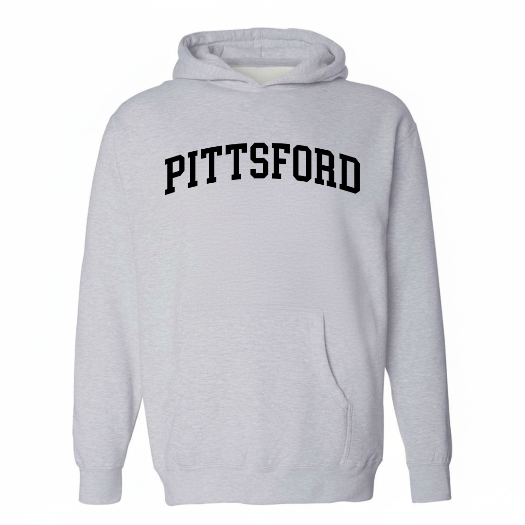 Heather-gray hoodie with the Pittsford varsity arched lettering design on the chest.