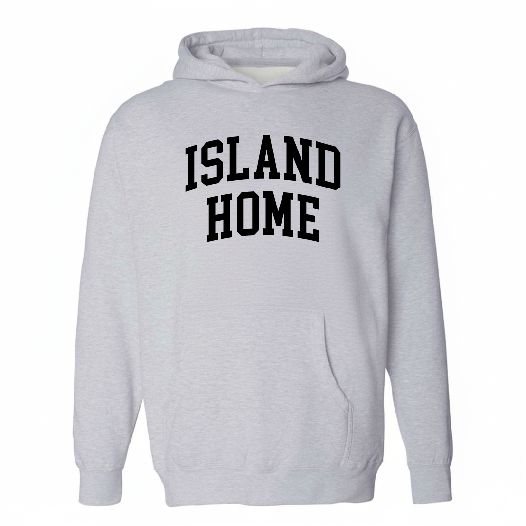 Heather-gray hoodie with the Island Home arched varsity lettering design on the chest.