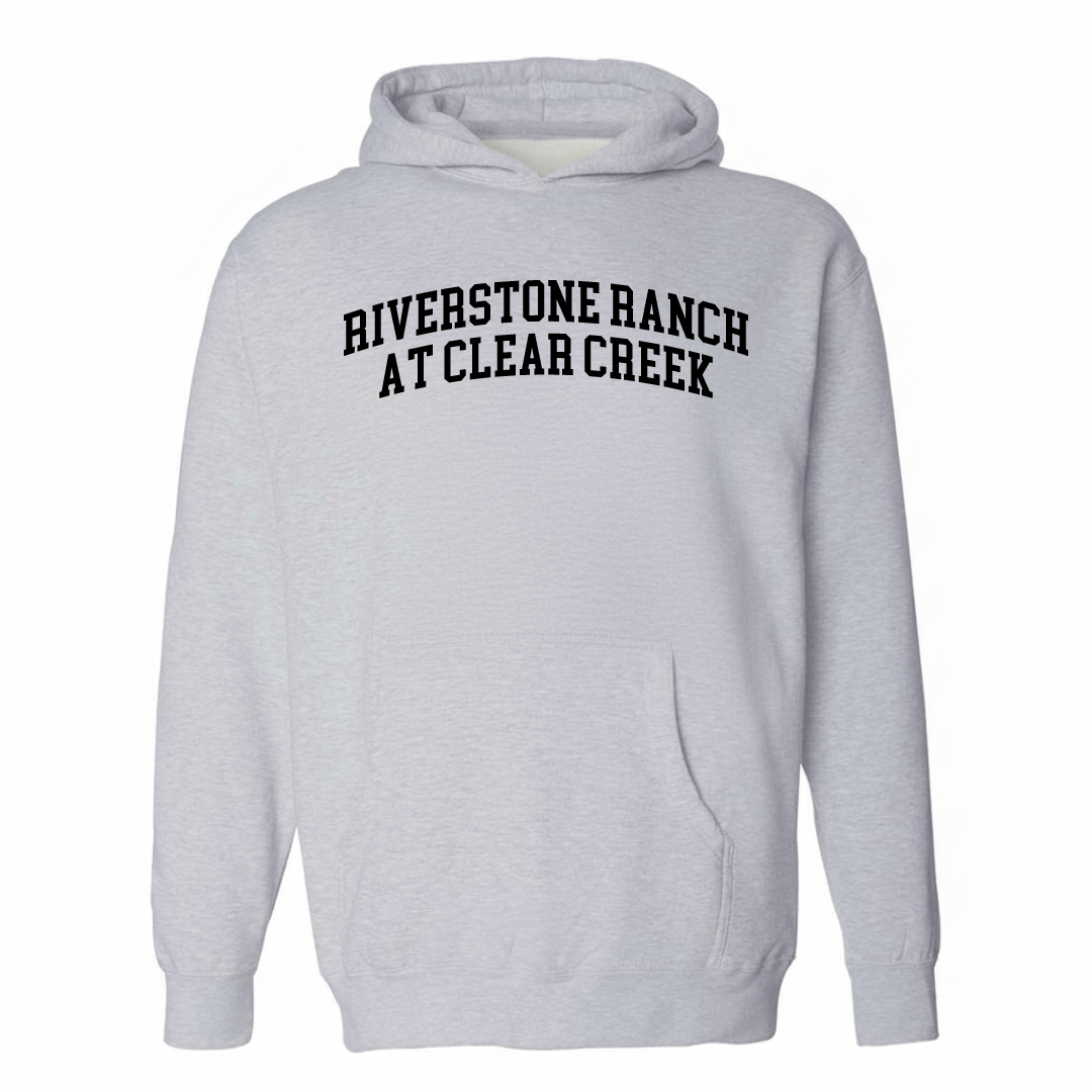 Heather-gray hoodie with the Riverstone Ranch at Clear Creek arched lettering design on the chest.