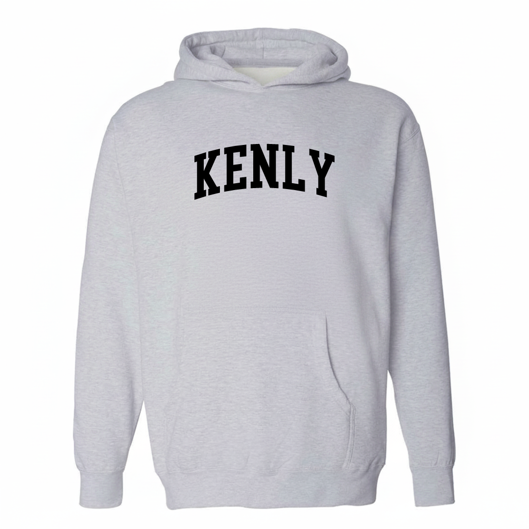 Heather-gray hoodie with the Kenly arched varsity lettering design on the chest.