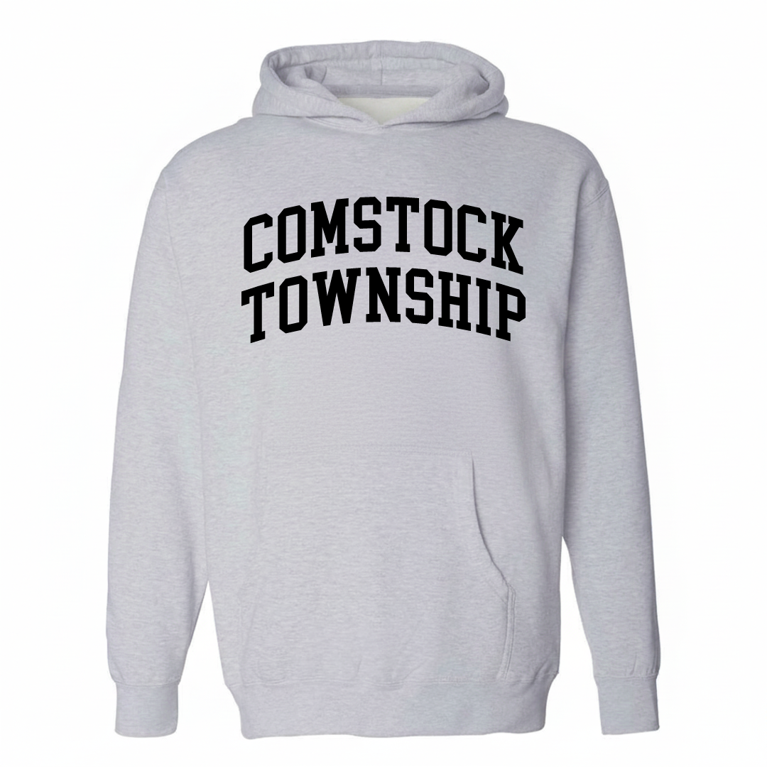 Heather-gray hoodie with the Comstock Township varsity arched lettering design on the chest.