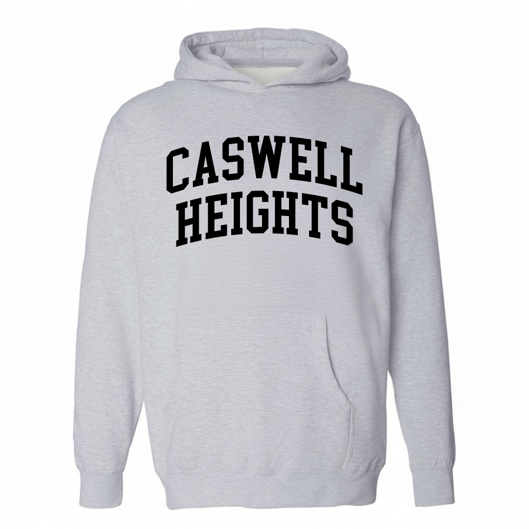 Heather-gray hoodie with the Caswell Heights varsity arched lettering design on the chest.