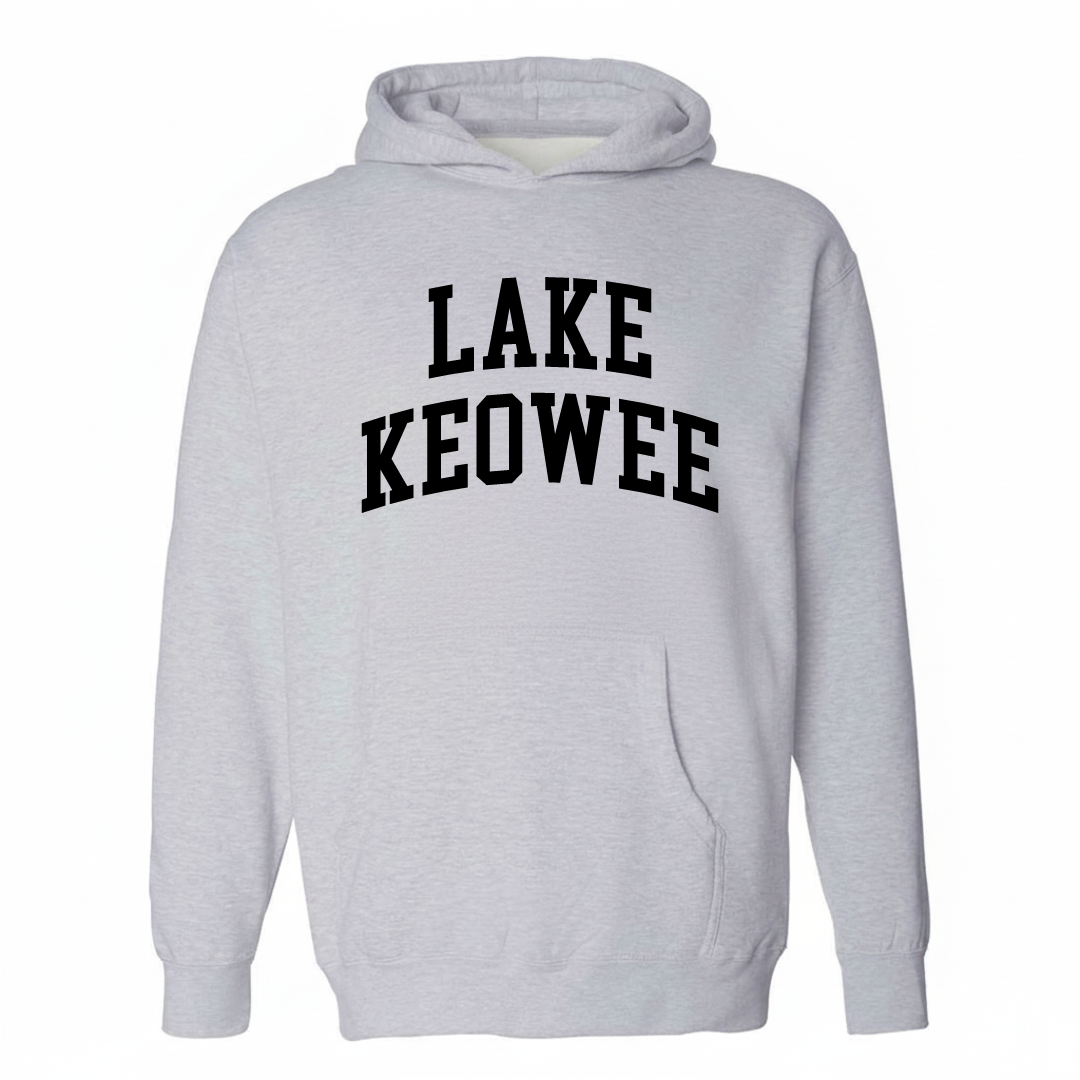 Heather-gray hoodie with the Lake Keowee varsity arched lettering design on the chest.