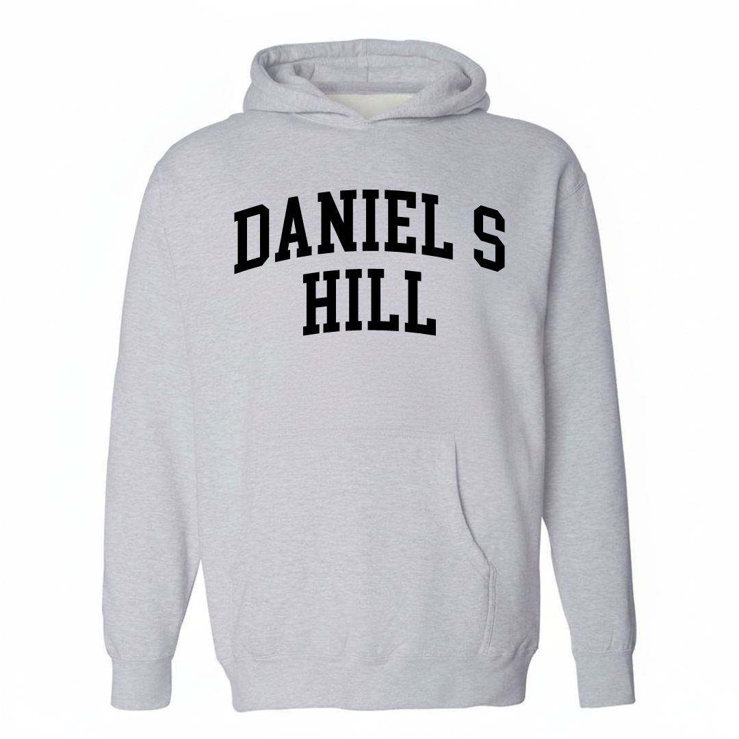 Heather-gray hoodie with the Daniel's Hill varsity arched lettering design on the chest.