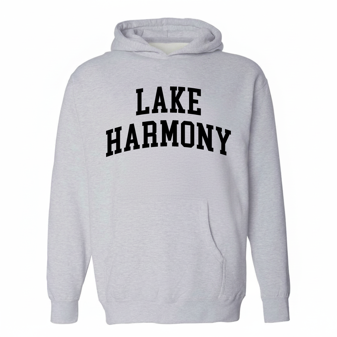 Heather-gray hoodie with the Lake Harmony varsity arched lettering design on the chest.