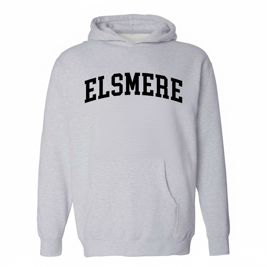Heather-gray hoodie with the Elsmere varsity arched lettering design on the chest.