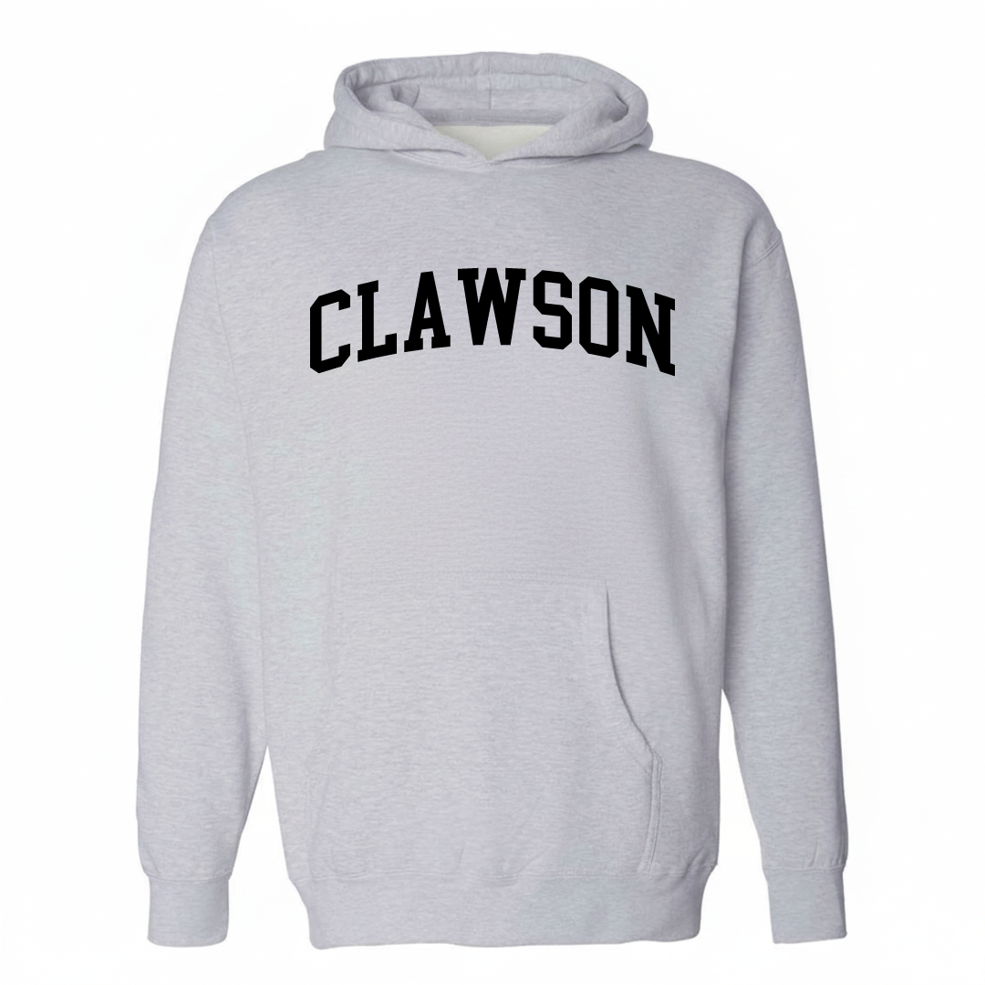 Heather-gray hoodie with the Clawson arched varsity lettering design on the chest.
