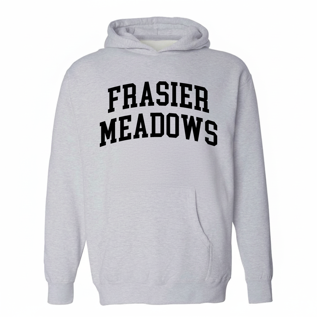Heather-gray hoodie with the Frasier Meadows varsity arched lettering design on the chest.