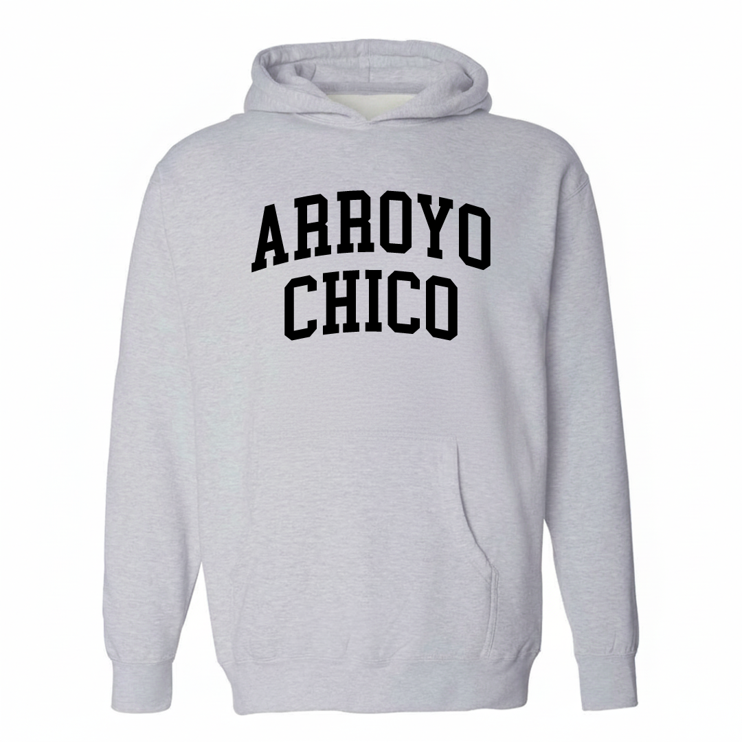 Heather-gray hoodie with the Arroyo Chico varsity arched lettering design on the chest.