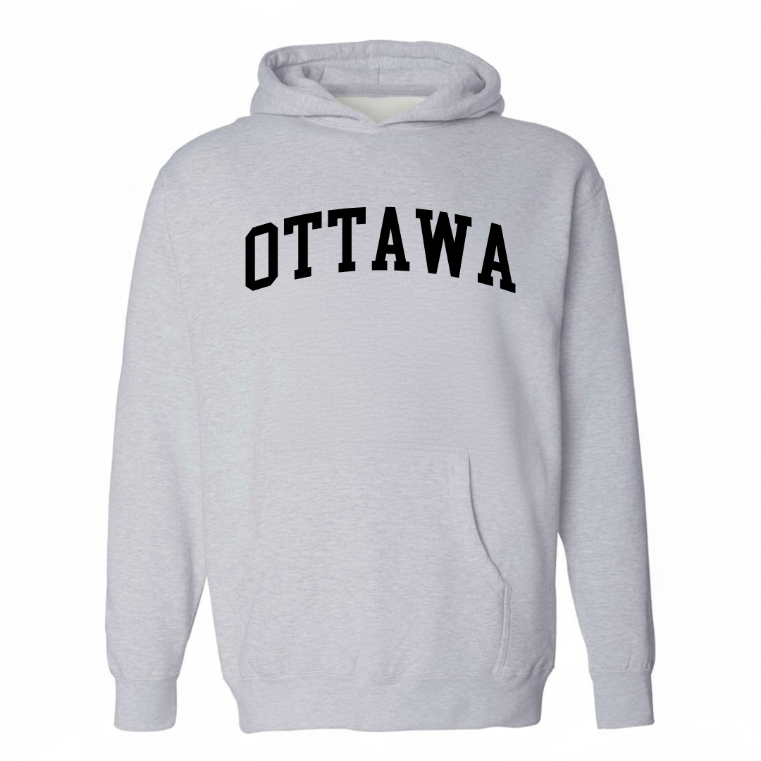Heather-gray hoodie with the Ottawa, IL varsity arched lettering design on the chest.