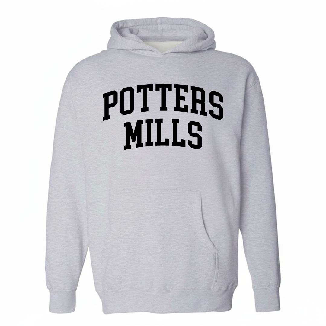 Heather-gray hoodie with the Potters Mills varsity arched lettering design on the chest.