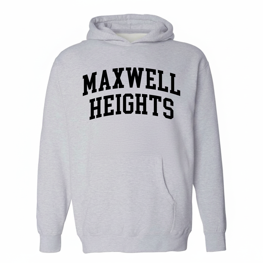 Heather-gray hoodie with the Maxwell Heights varsity arched lettering design on the chest.