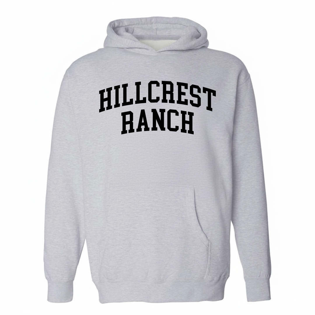 Heather-gray hoodie with the Hillcrest Ranch varsity arched lettering design on the chest.