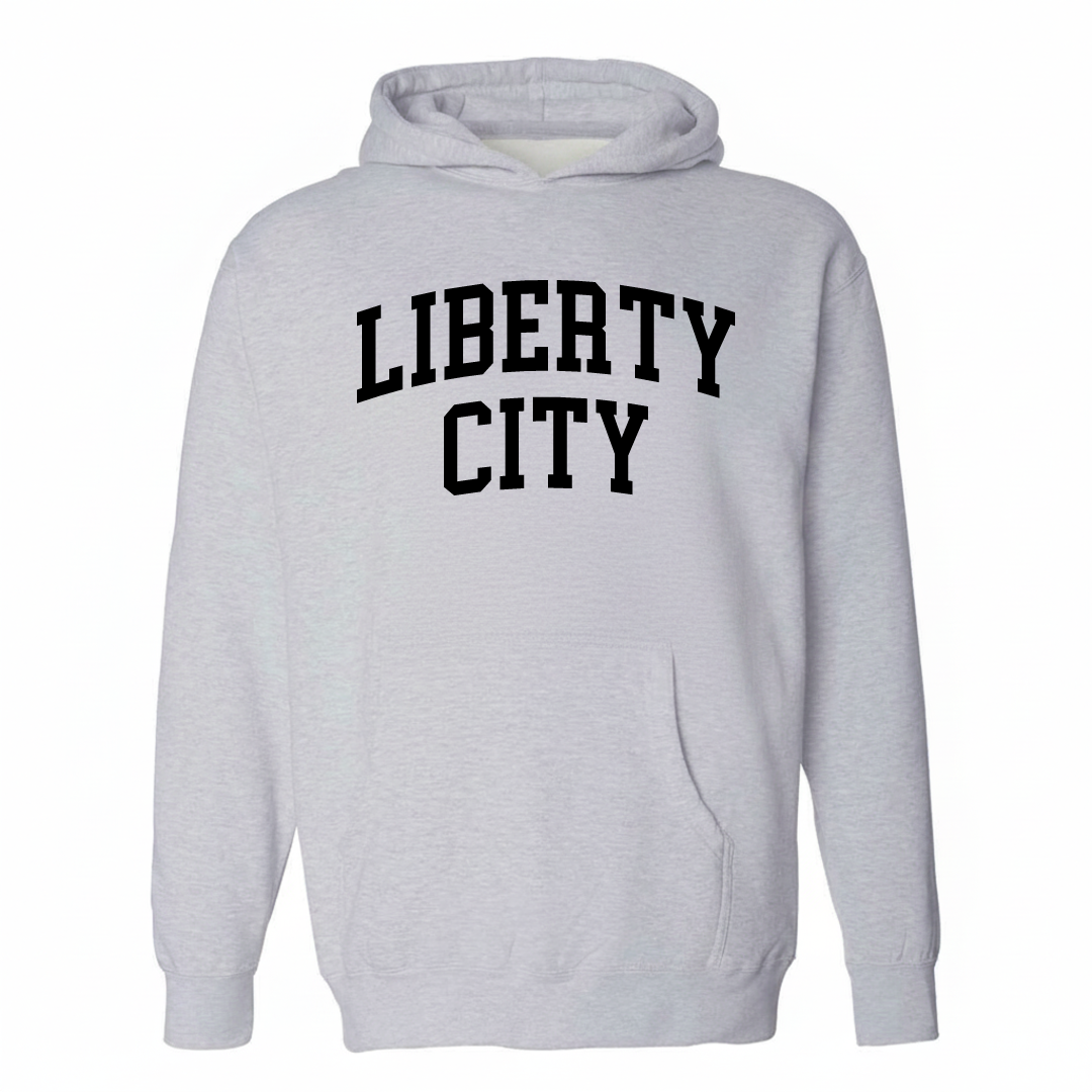 Heather-gray hoodie with the Liberty City varsity arched lettering design on the chest.