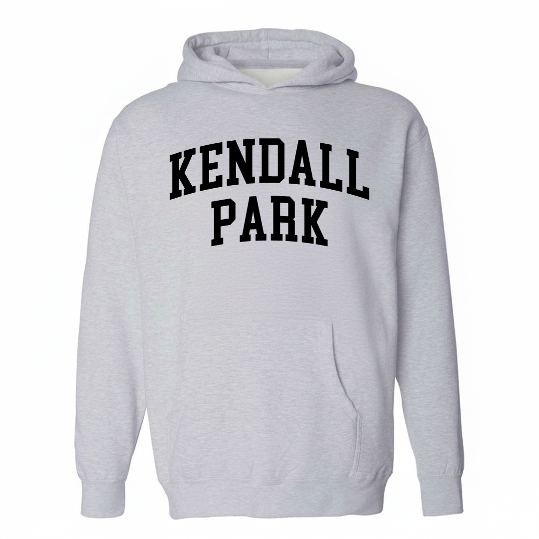 Heather-gray hoodie with the Kendall Park varsity arched lettering design on the chest.
