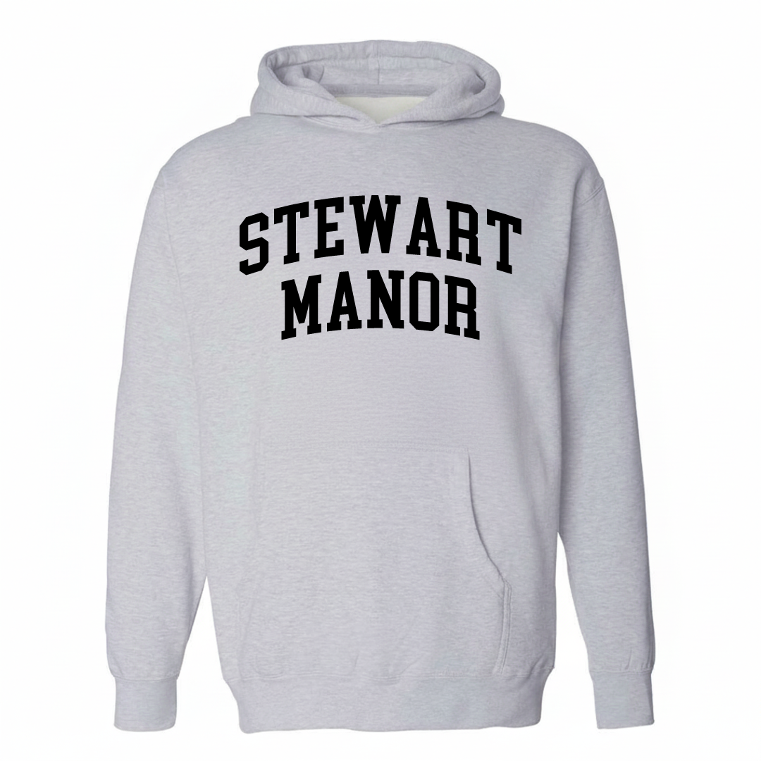 Heather-gray hoodie with the Stewart Manor varsity arched lettering design on the chest.