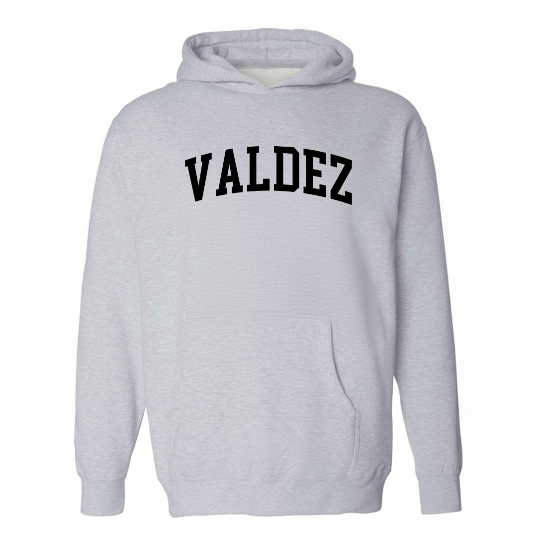Heather-gray hoodie with the Valdez arched lettering varsity-collegiate design on the chest.