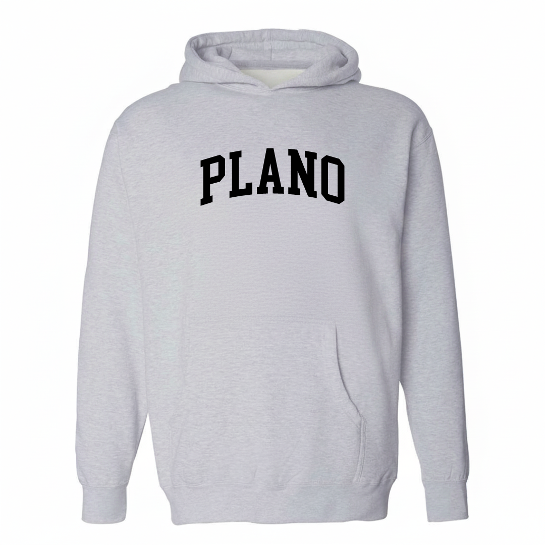 Heather-gray hoodie with the Plano arched varsity lettering design on the chest.