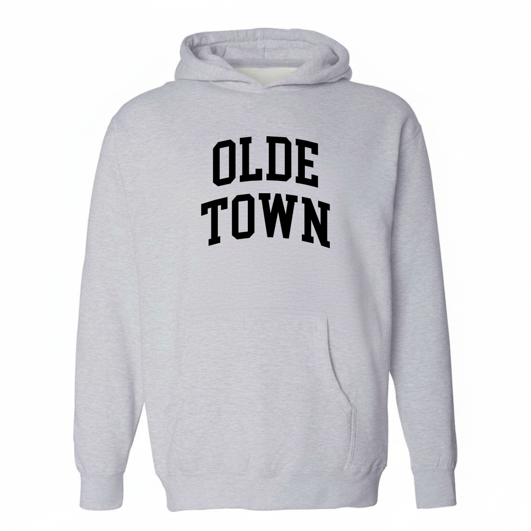 Heather-gray hoodie with the Olde Town varsity arched lettering design on the chest.